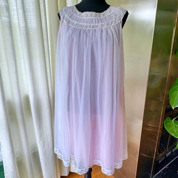 Vintage 1960s chiffon babydoll, pastel pink, nightgown, lace yoke, sleeveless - Picture 1 of 9